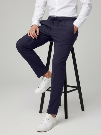 Celio* Men Navy Blue Solid Straight Fit Poly-Blend Trousers