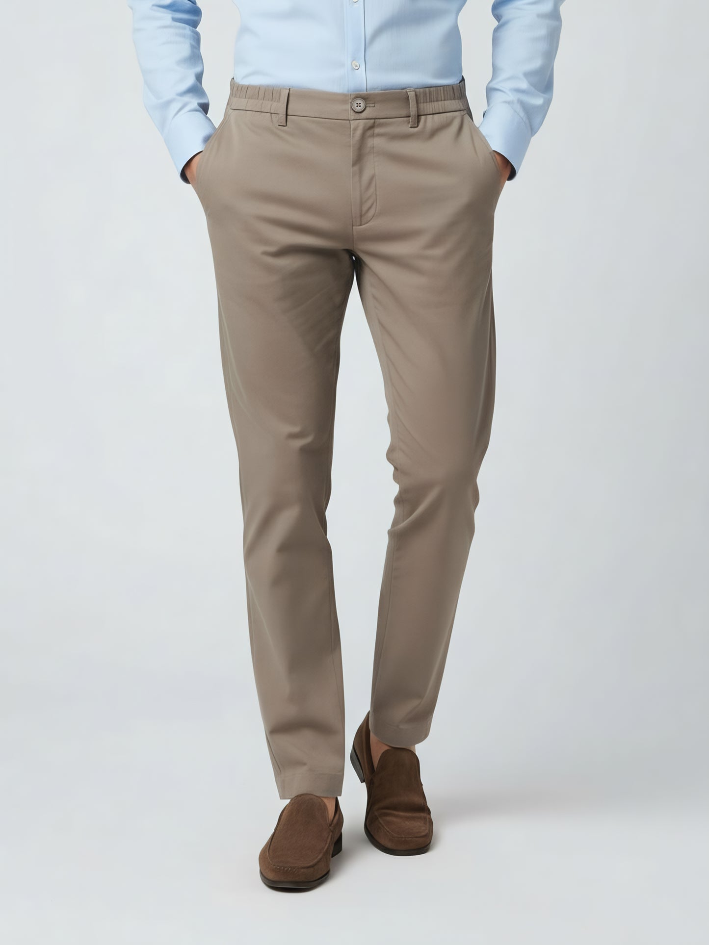 Celio* Men Beige Solid Straight Fit Poly-Blend Trousers