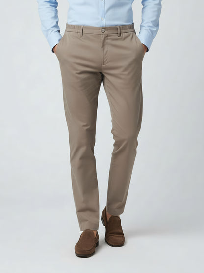 Celio* Men Beige Solid Straight Fit Poly-Blend Trousers