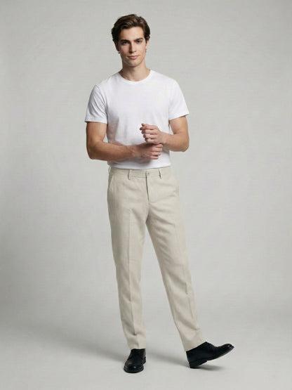 Celio* Men Off White Solid Straight Fit Polyester Trousers