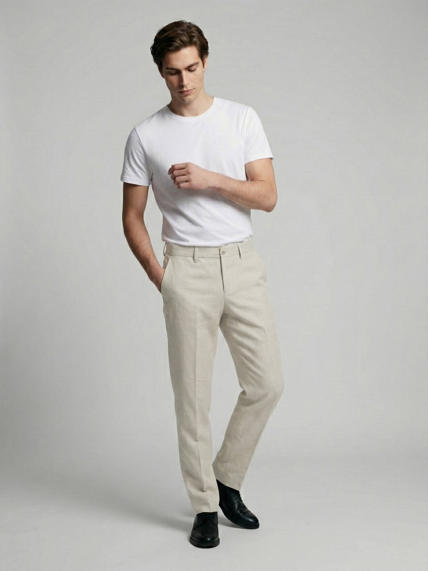 Celio* Men Off White Solid Straight Fit Polyester Trousers