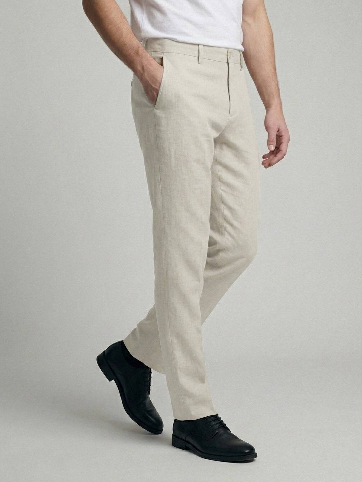 Celio* Men Off White Solid Straight Fit Polyester Trousers