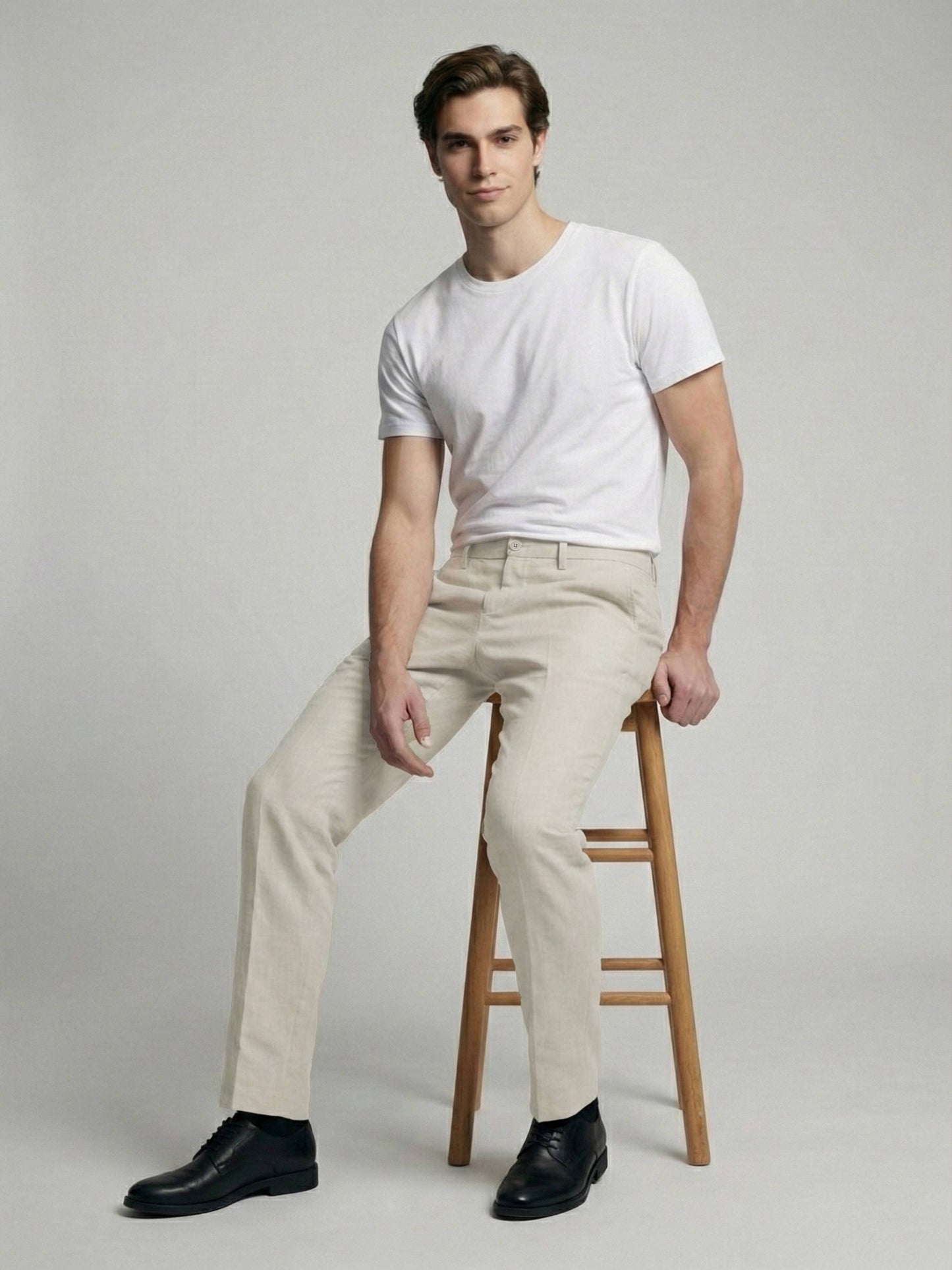 Celio* Men Off White Solid Straight Fit Polyester Trousers