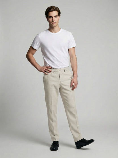 Celio* Men Off White Solid Straight Fit Polyester Trousers
