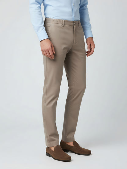 Celio* Men Beige Solid Straight Fit Poly-Blend Trousers