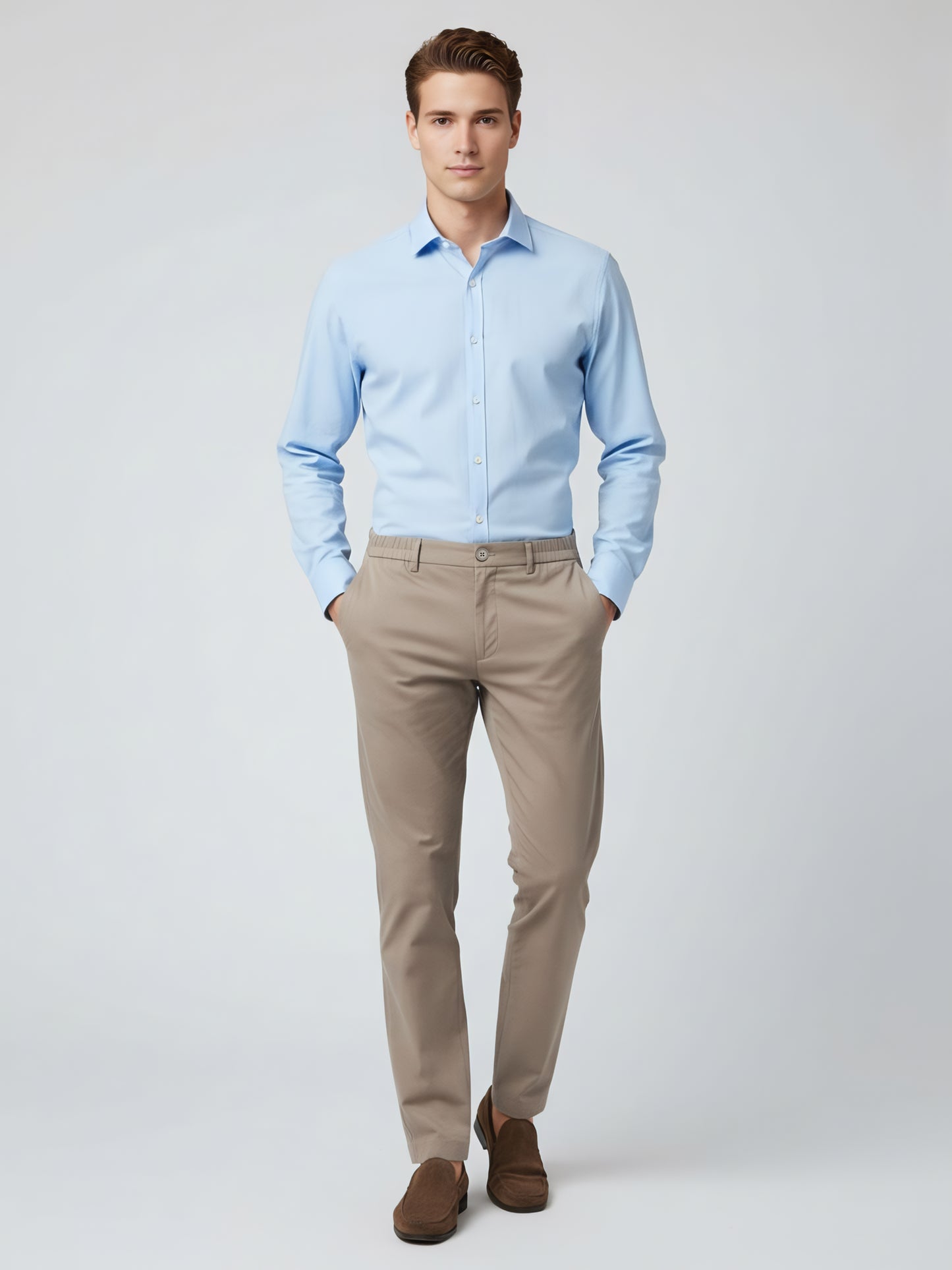 Celio* Men Beige Solid Straight Fit Poly-Blend Trousers