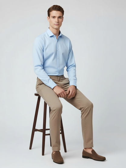 Celio* Men Beige Solid Straight Fit Poly-Blend Trousers