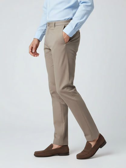 Celio* Men Beige Solid Straight Fit Poly-Blend Trousers