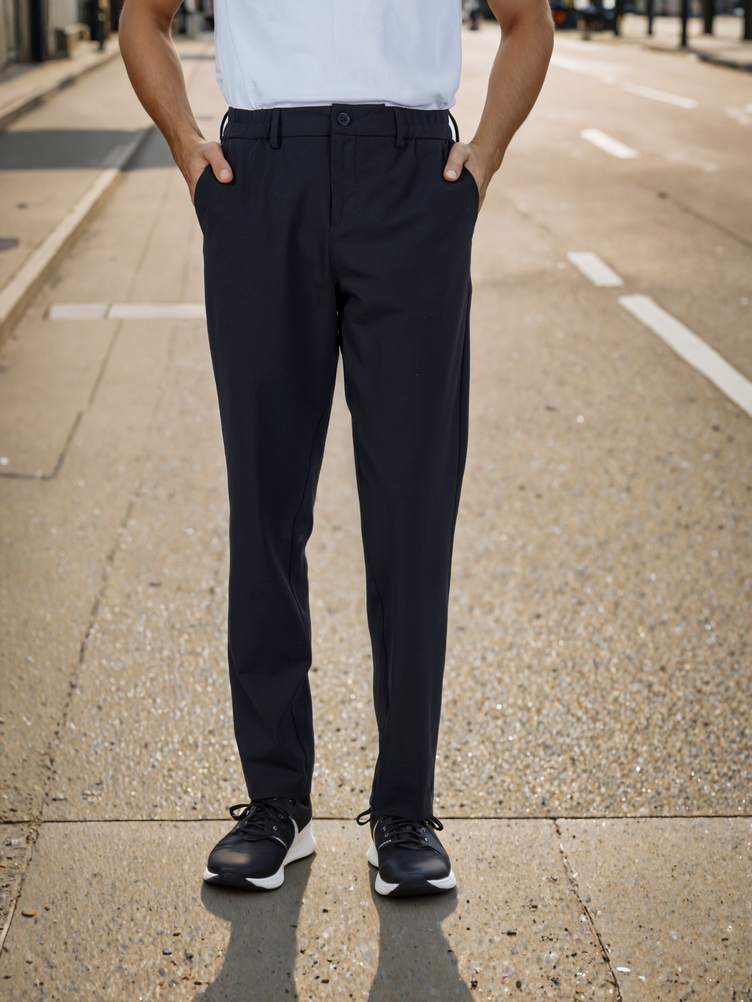 Celio* Men Black Solid Straight Fit Polyester Trousers