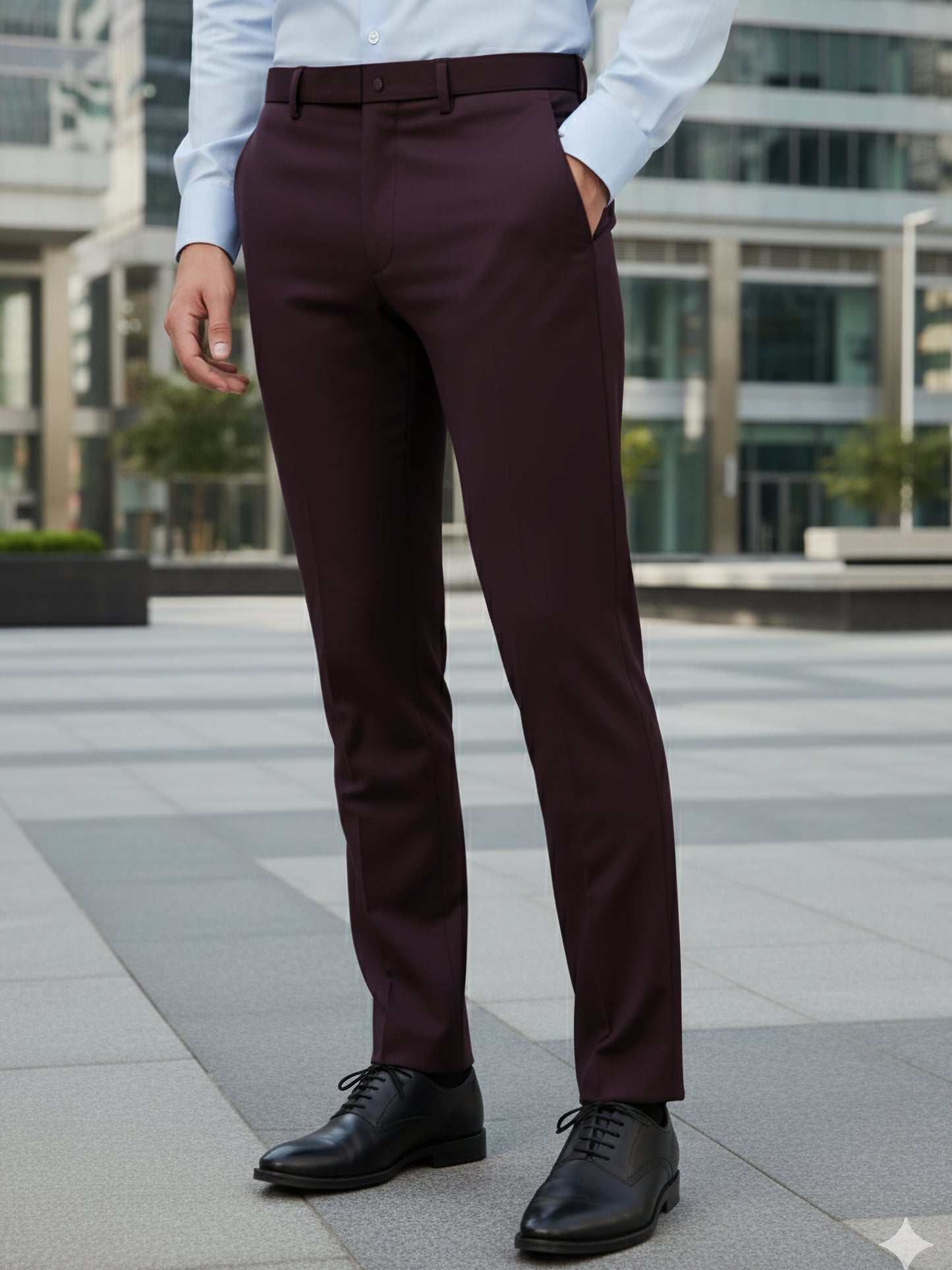 Celio* Men Burgundy Solid Straight Fit Poly-Blend Trousers