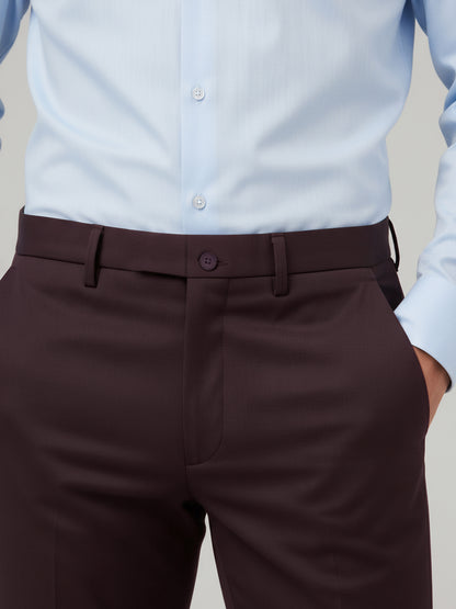 Celio* Men Burgundy Solid Straight Fit Poly-Blend Trousers