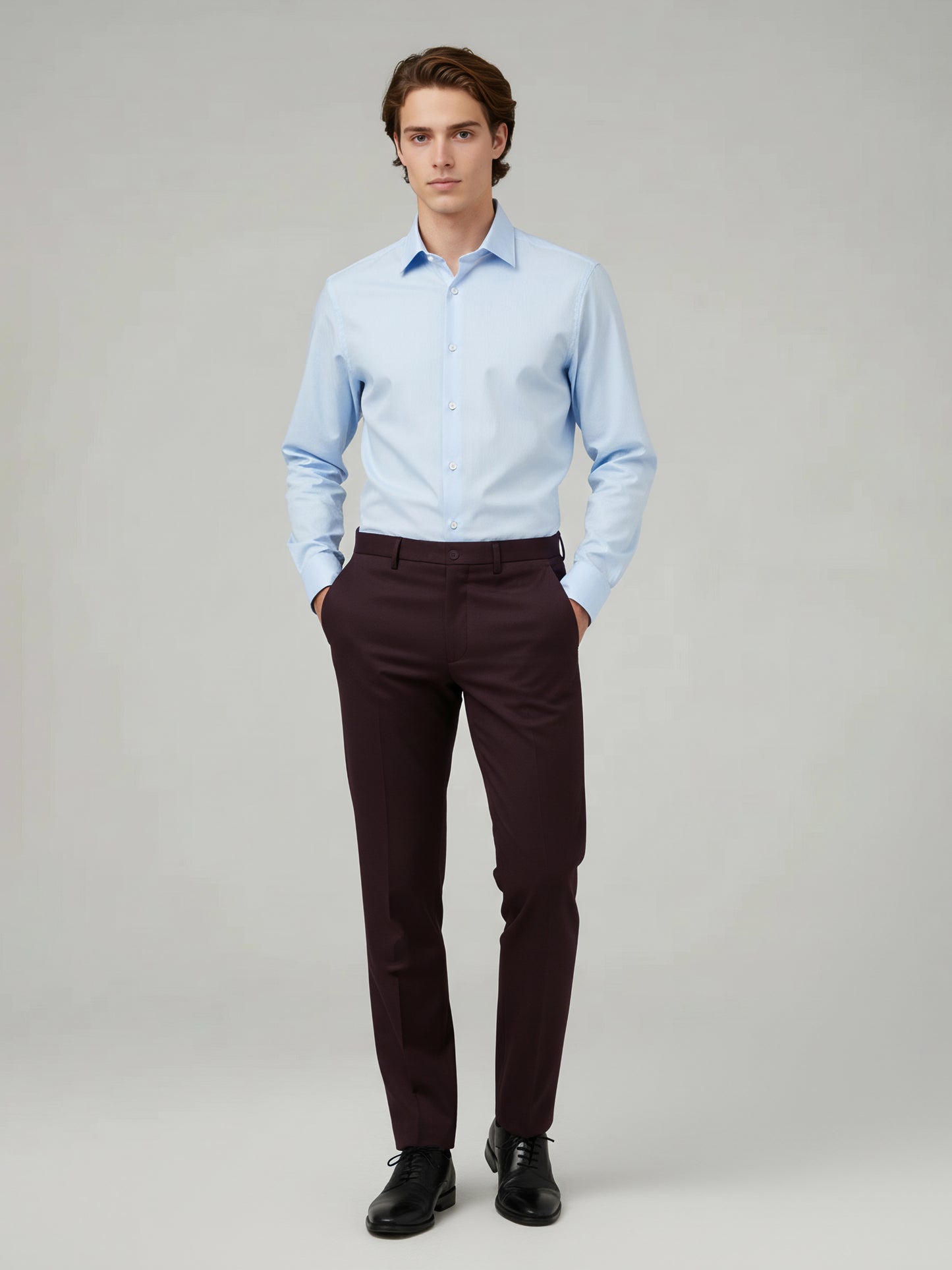 Celio* Men Burgundy Solid Straight Fit Poly-Blend Trousers