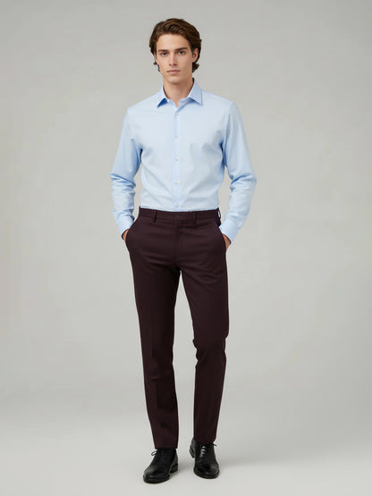 Celio* Men Burgundy Solid Straight Fit Poly-Blend Trousers