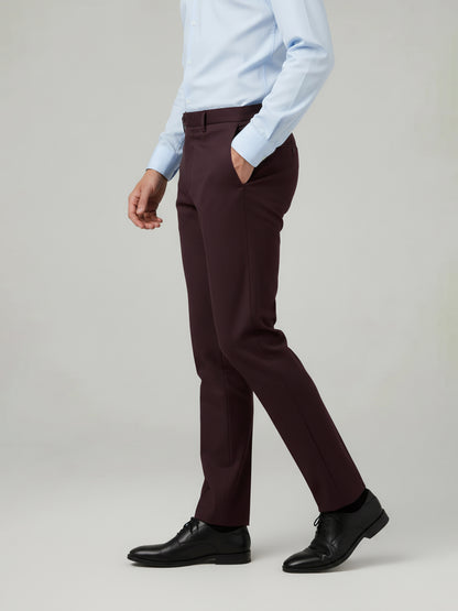 Celio* Men Burgundy Solid Straight Fit Poly-Blend Trousers