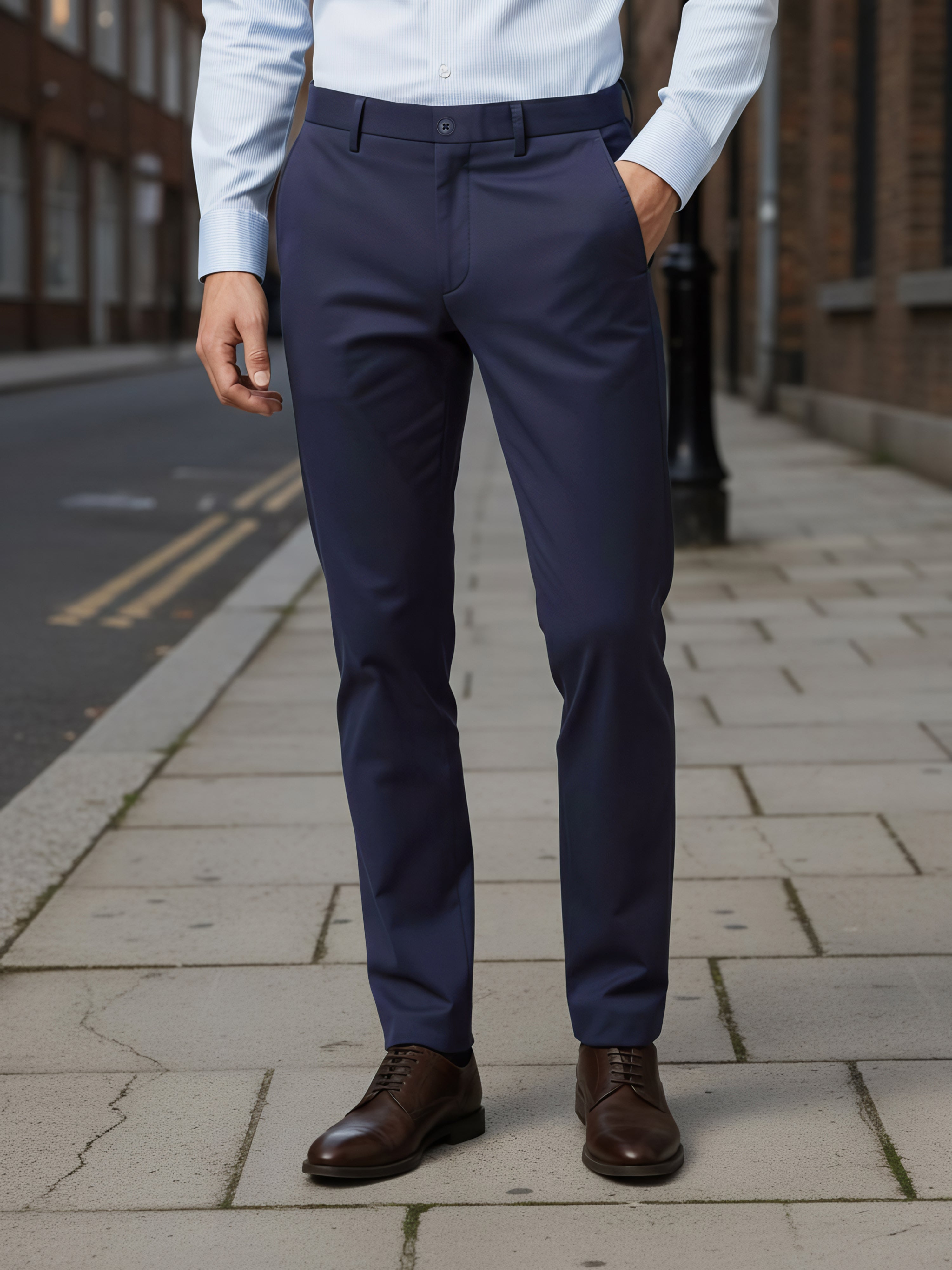 Celio Men Navy Blue Solid Straight Fit Poly-Blend Trousers