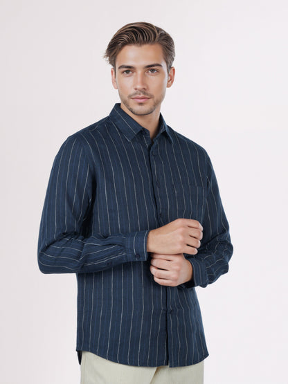 Celio* Men Navy Blue Striped Regular Fit Linen Shirts