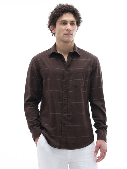 Celio Checks Regular Fit Cotton Brown Shirts