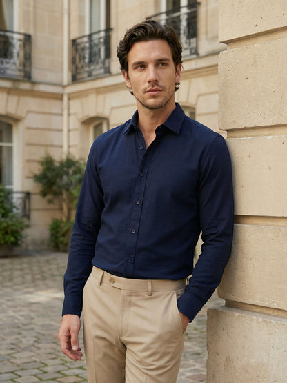 Celio Men Navy Blue Solid Regular Fit Cotton Shirts