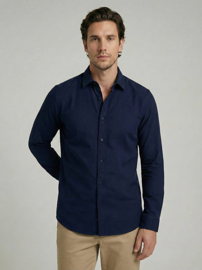 Celio Men Navy Blue Solid Regular Fit Cotton Shirts
