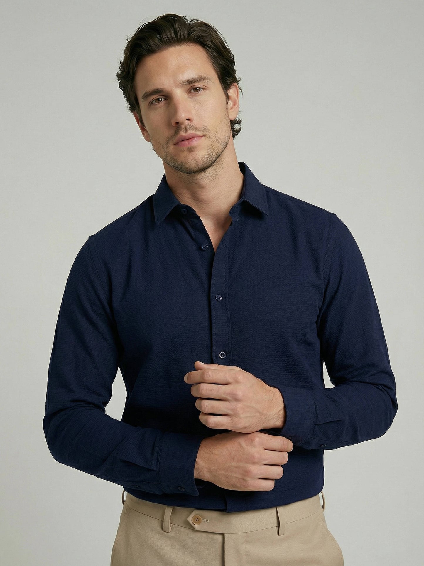 Celio Men Navy Blue Solid Regular Fit Cotton Shirts