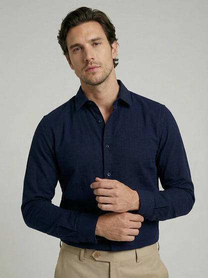 Celio Men Navy Blue Solid Regular Fit Cotton Shirts