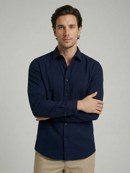 Celio Men Navy Blue Solid Regular Fit Cotton Shirts