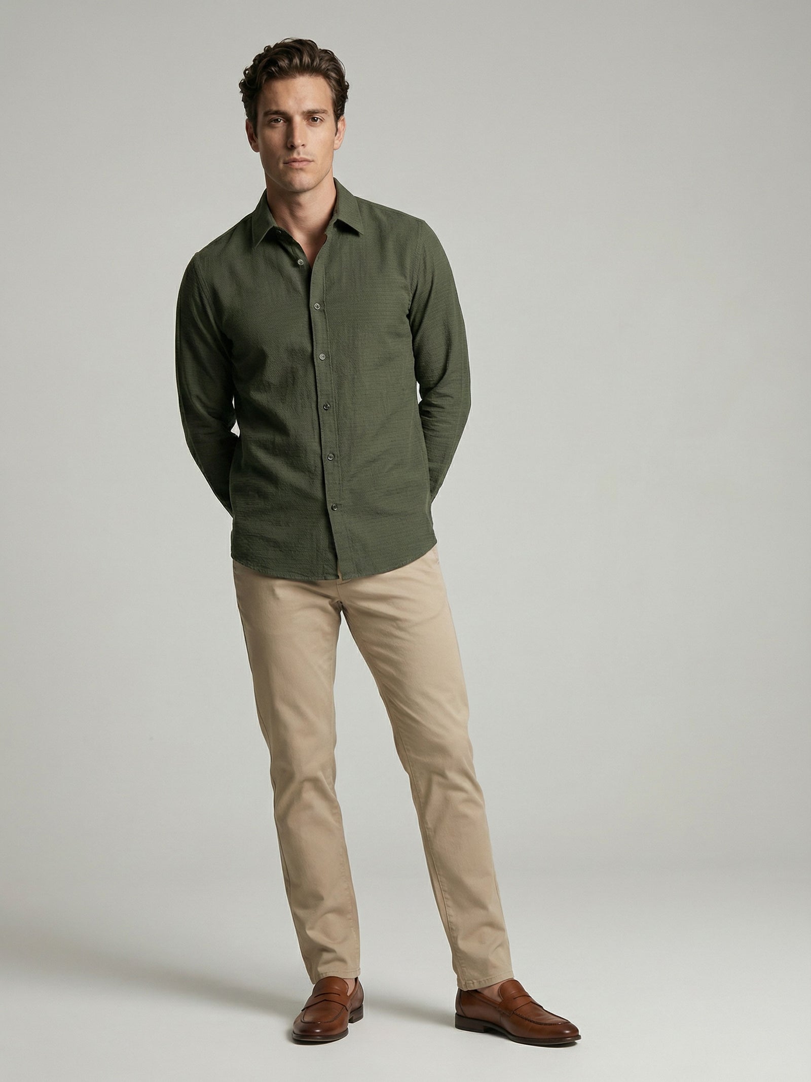 Celio* Solid Olive Cotton Men Regular Fit Shirts