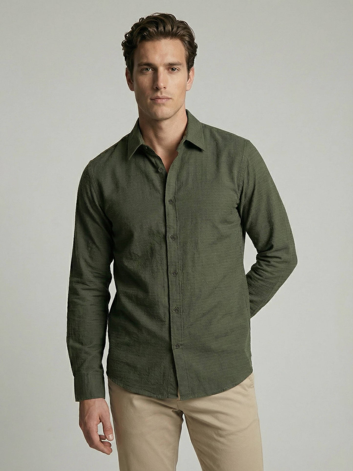 Celio* Men Olive Solid Regular Fit Cotton Shirts