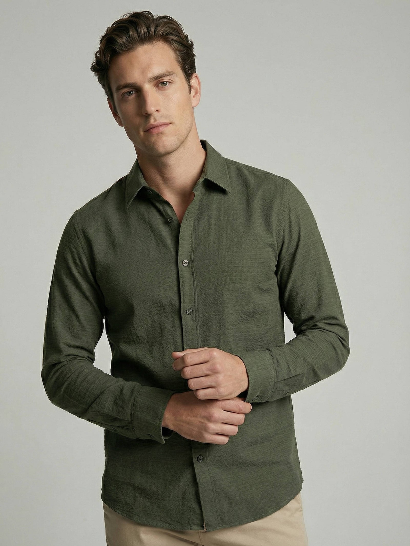 Celio* Solid Olive Cotton Men Regular Fit Shirts