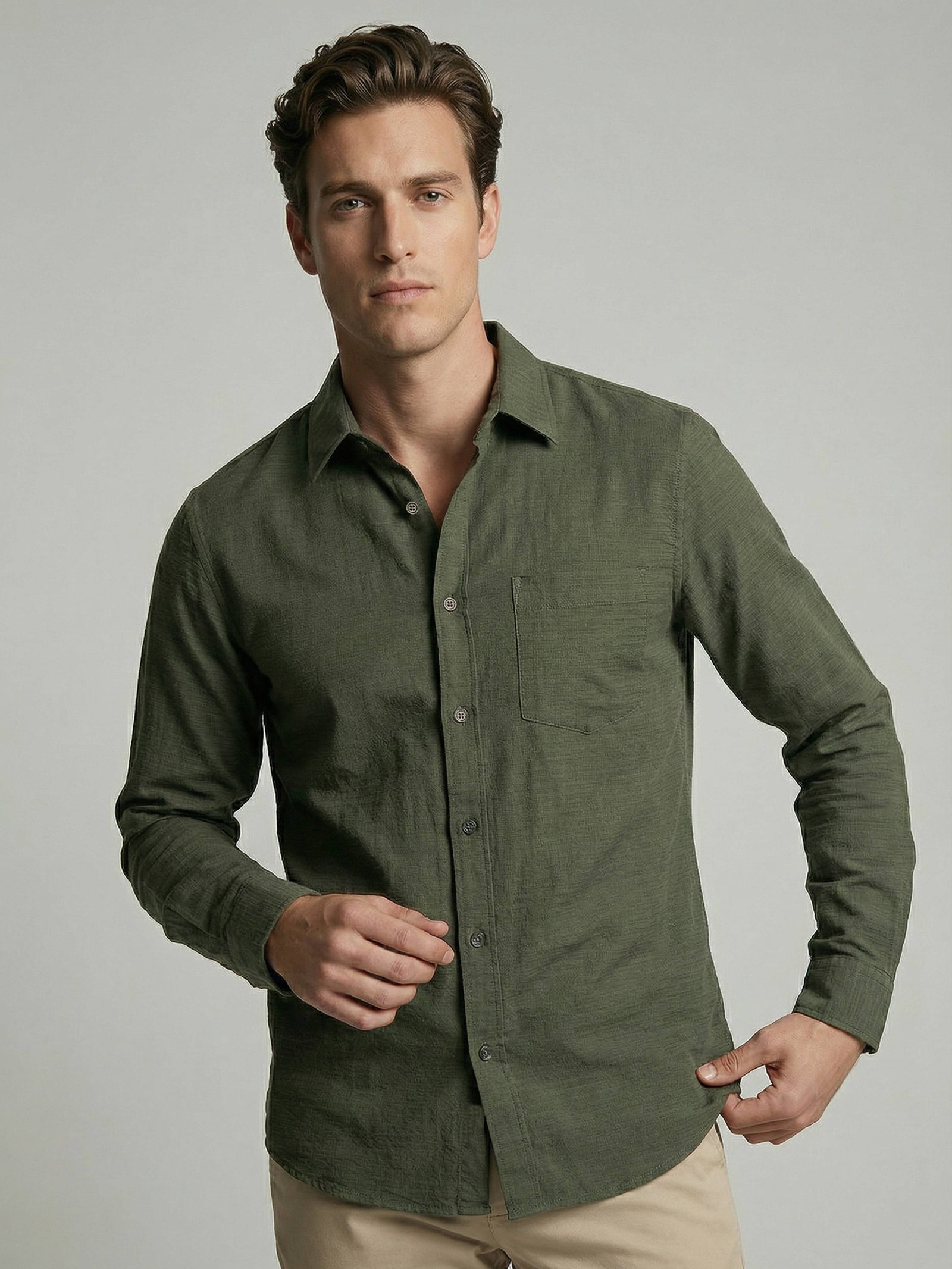 Celio* Solid Olive Cotton Men Regular Fit Shirts