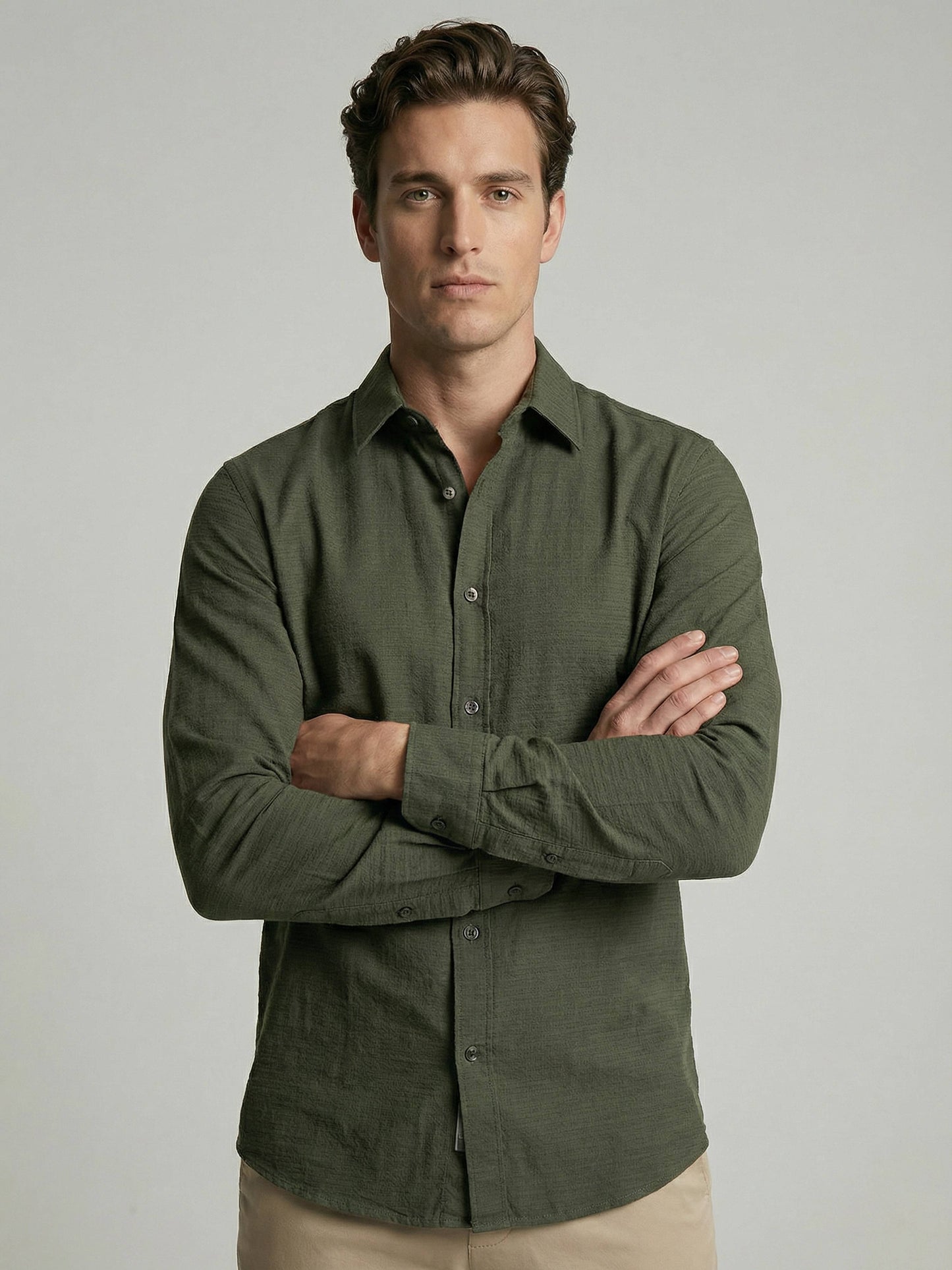 Celio* Men Olive Solid Regular Fit Cotton Shirts