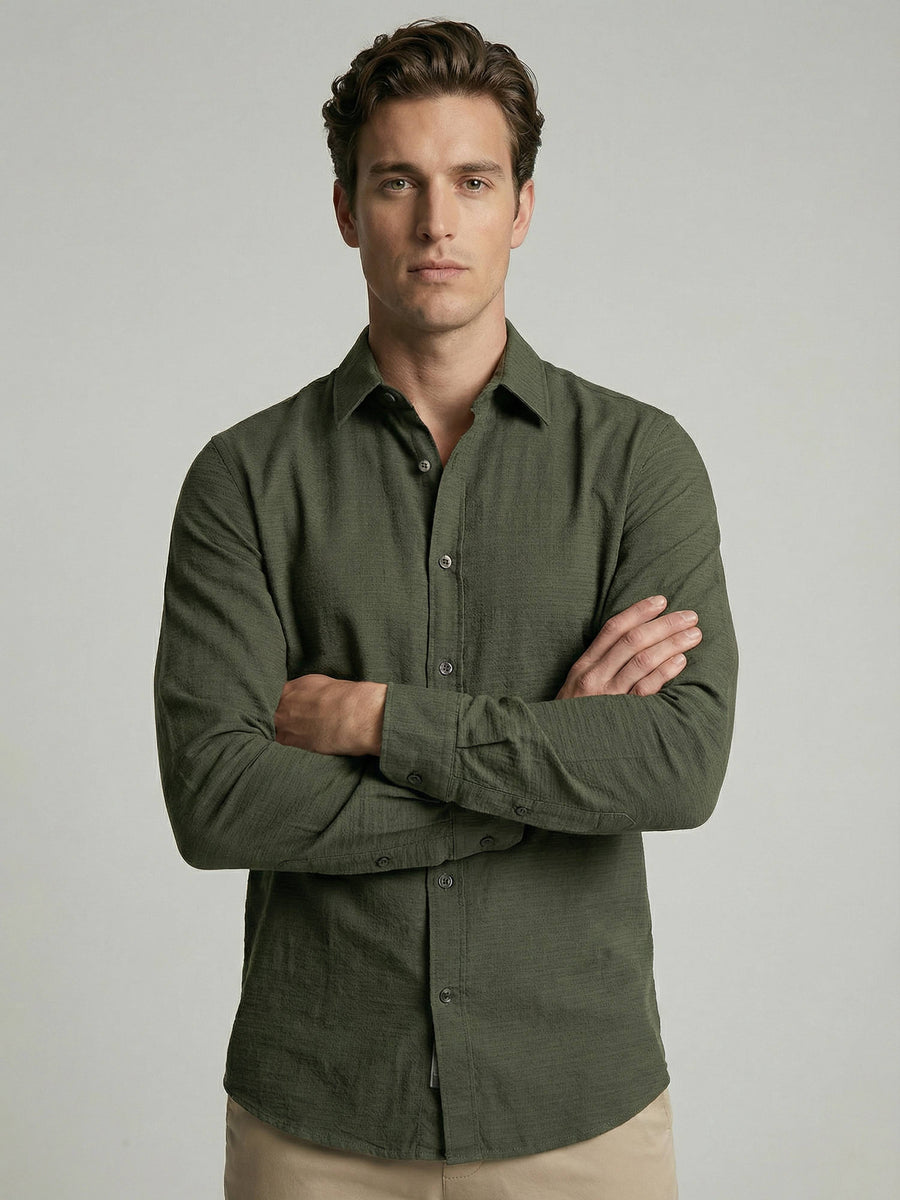 Celio* Solid Olive Cotton Men Regular Fit Shirts
