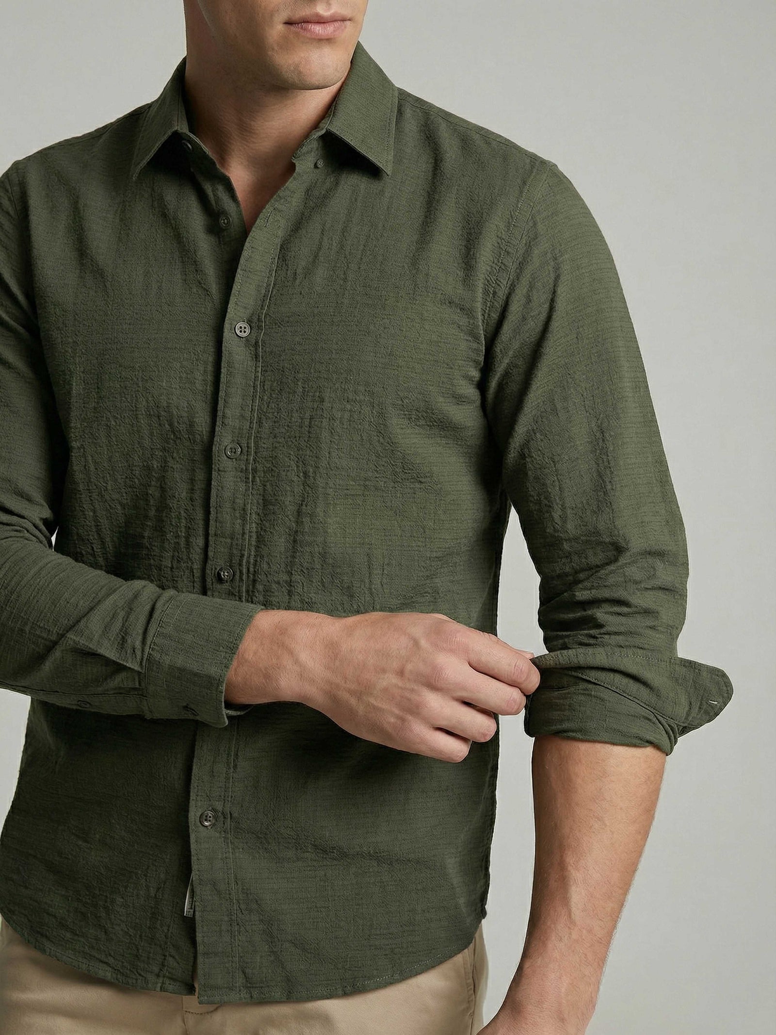 Celio* Solid Olive Cotton Men Regular Fit Shirts
