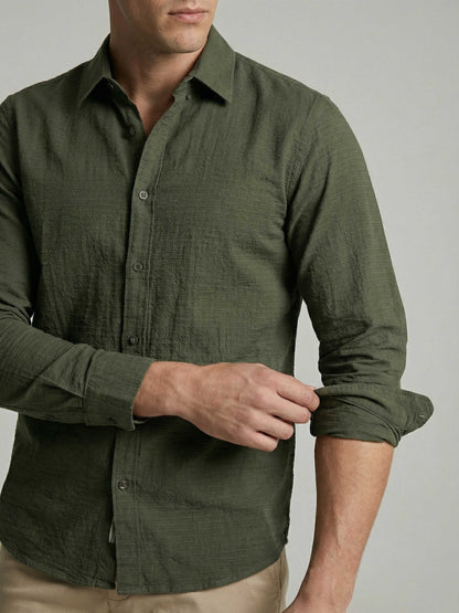 Celio* Men Olive Solid Regular Fit Cotton Shirts