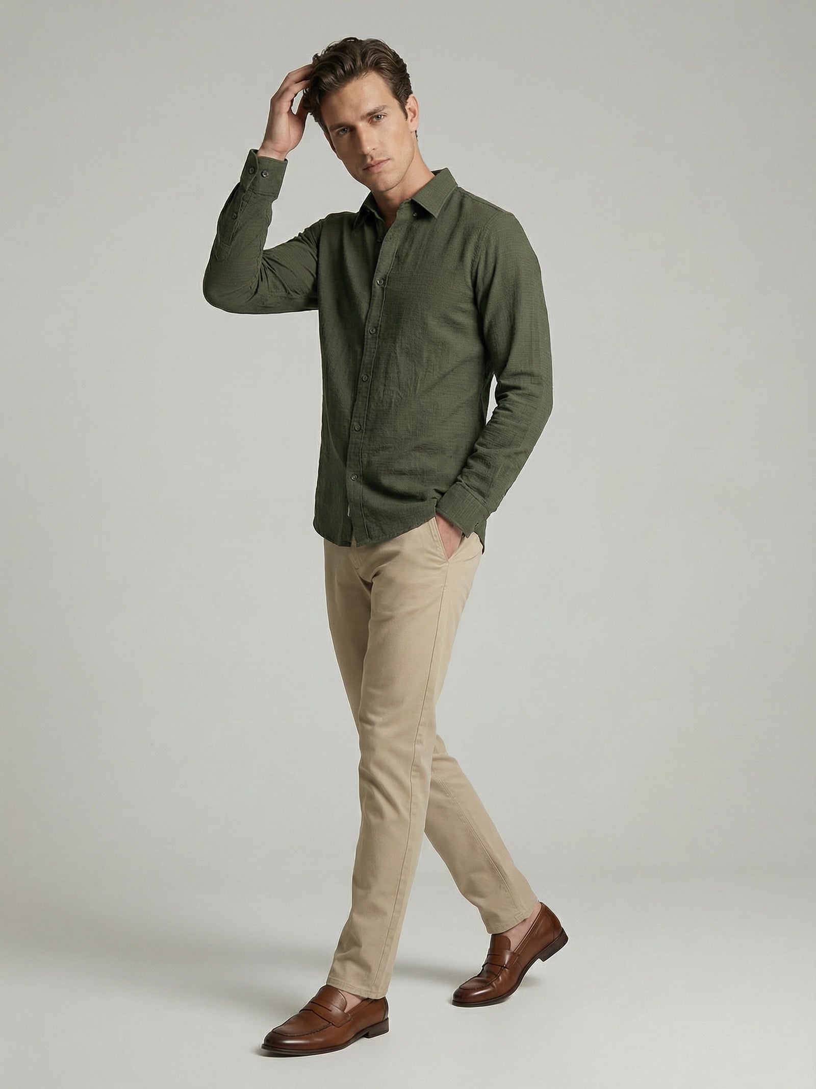 Celio* Solid Olive Cotton Men Regular Fit Shirts