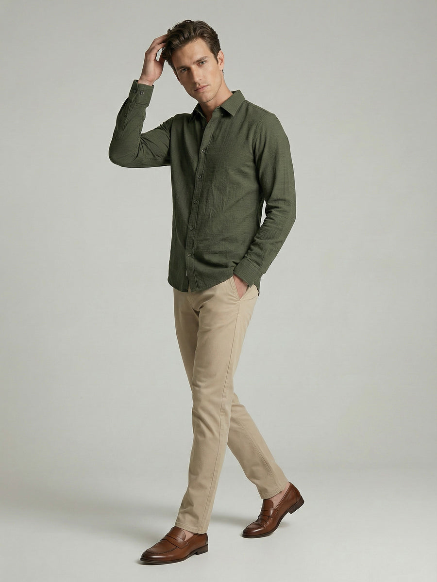 Celio* Solid Olive Cotton Men Regular Fit Shirts
