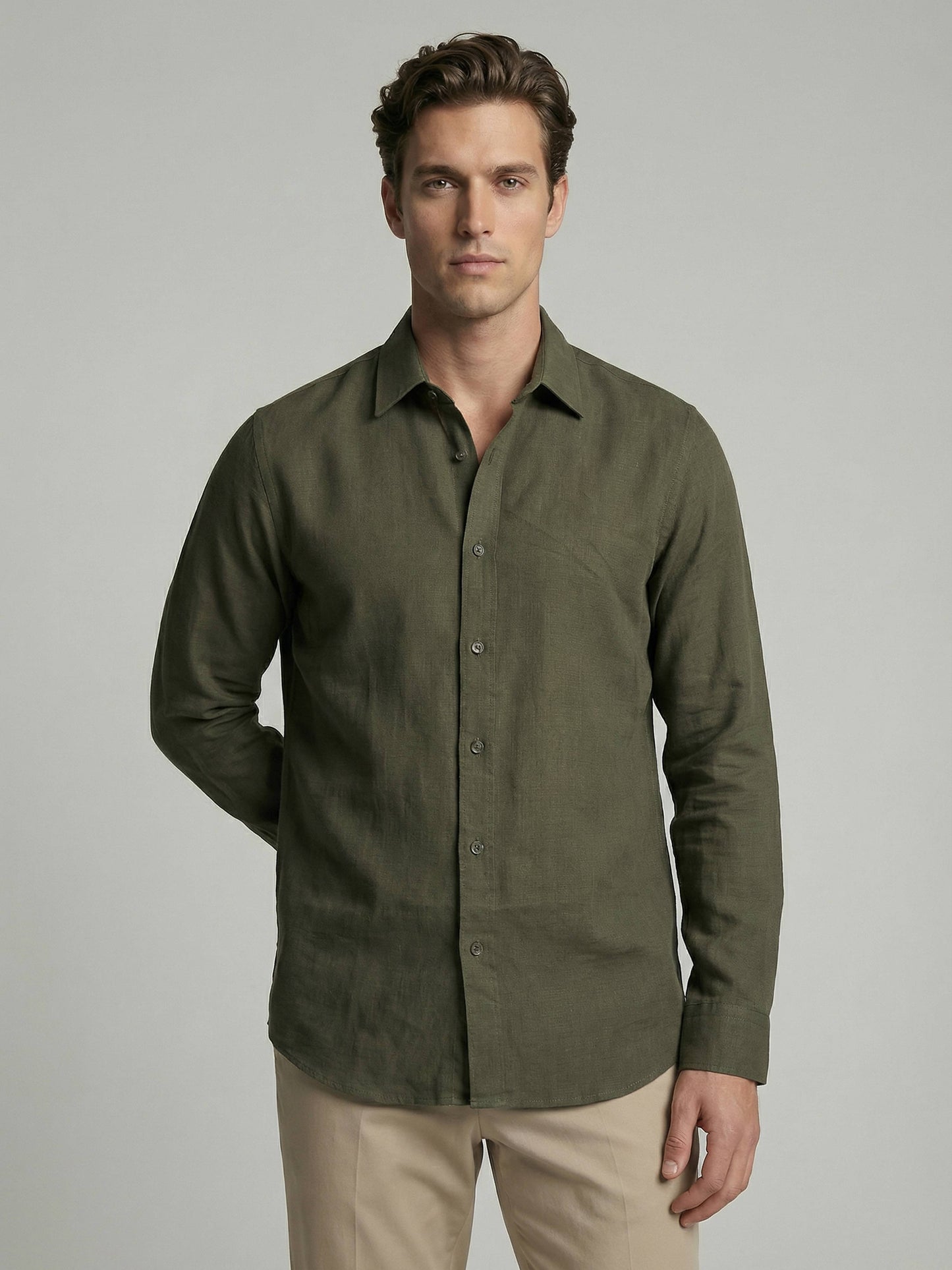 Celio* Men Olive Solid Regular Fit Cotton Shirts