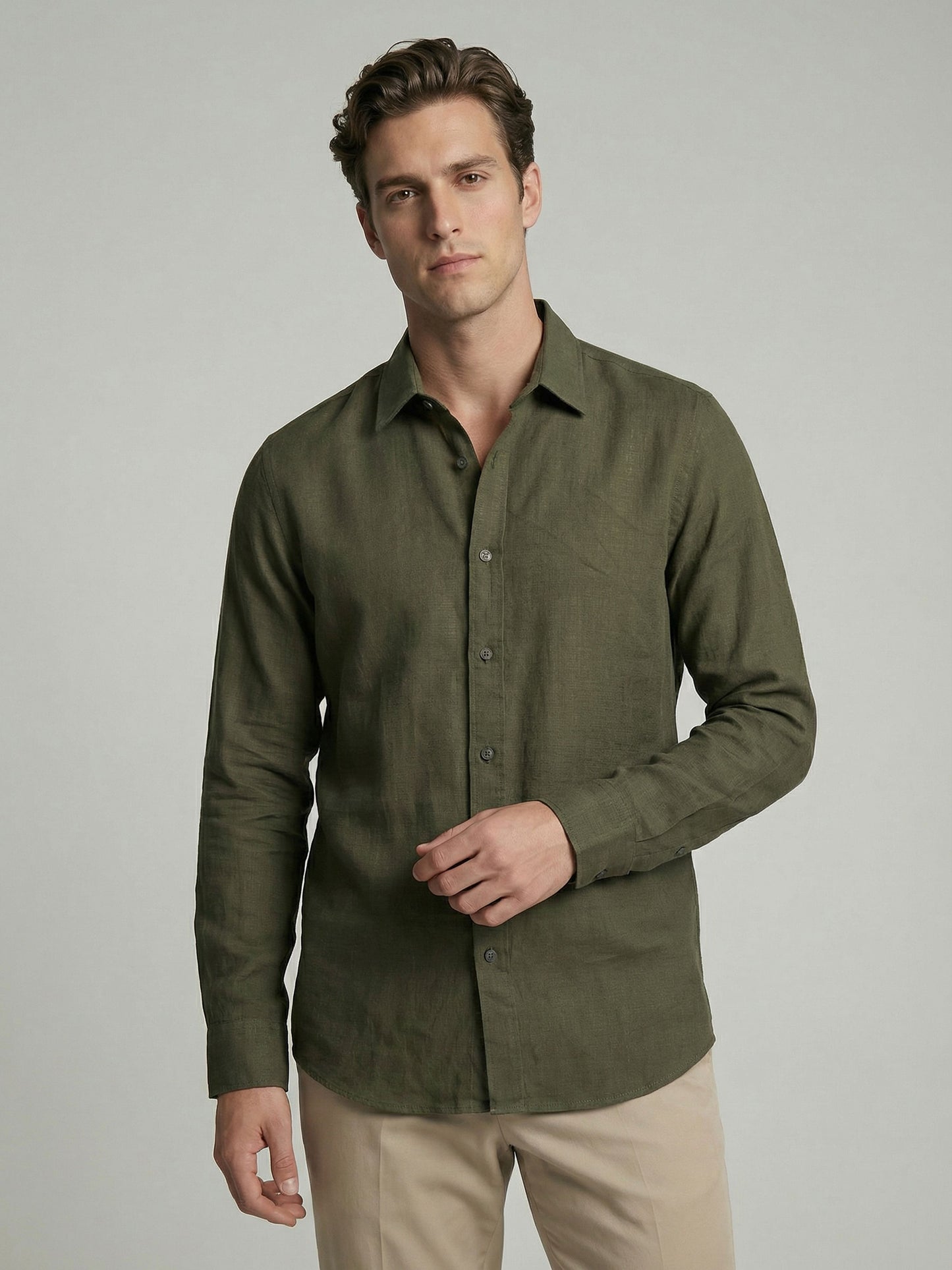 Celio* Men Olive Solid Regular Fit Cotton Shirts