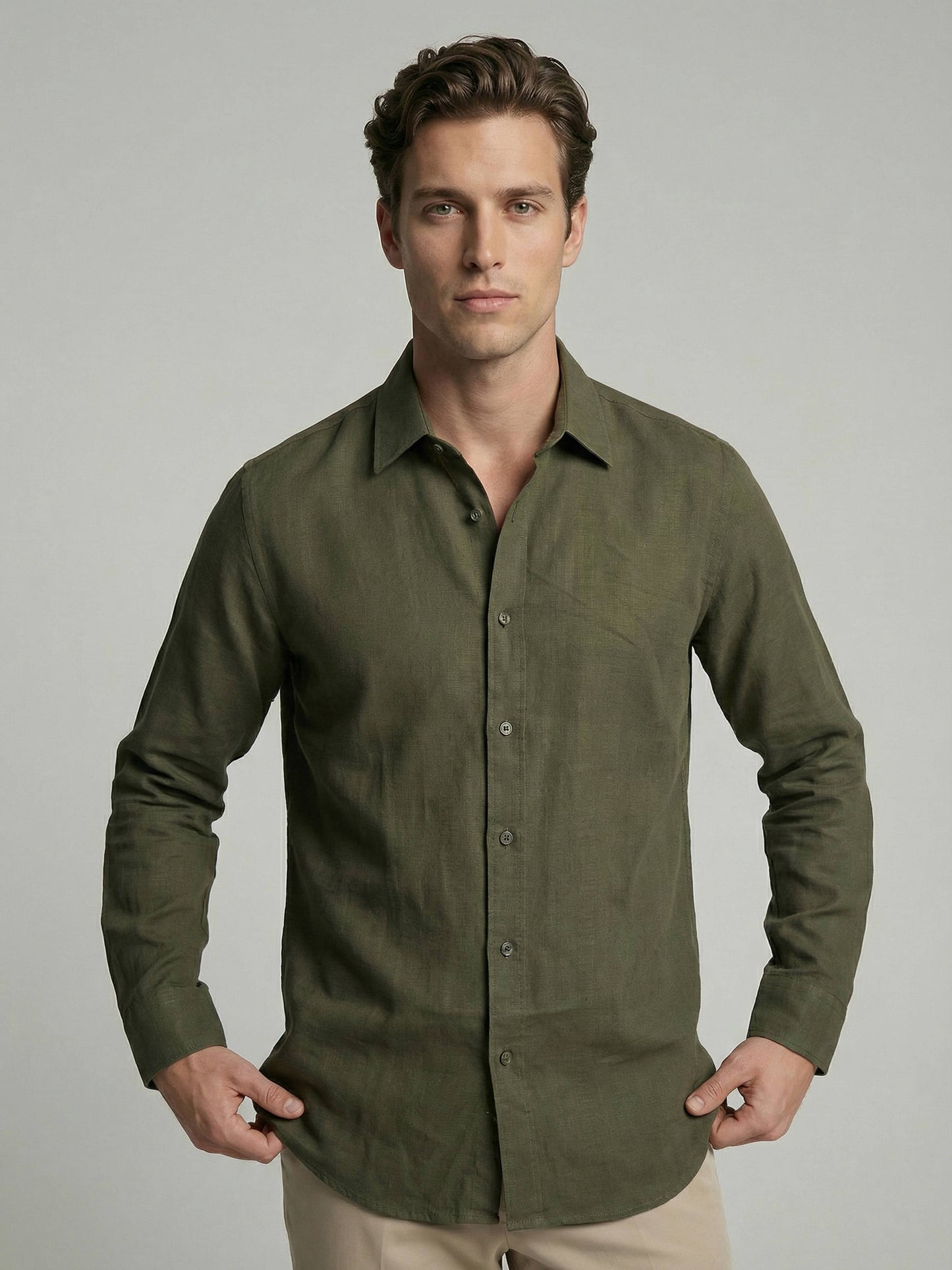 Celio* Men Olive Solid Regular Fit Cotton Shirts