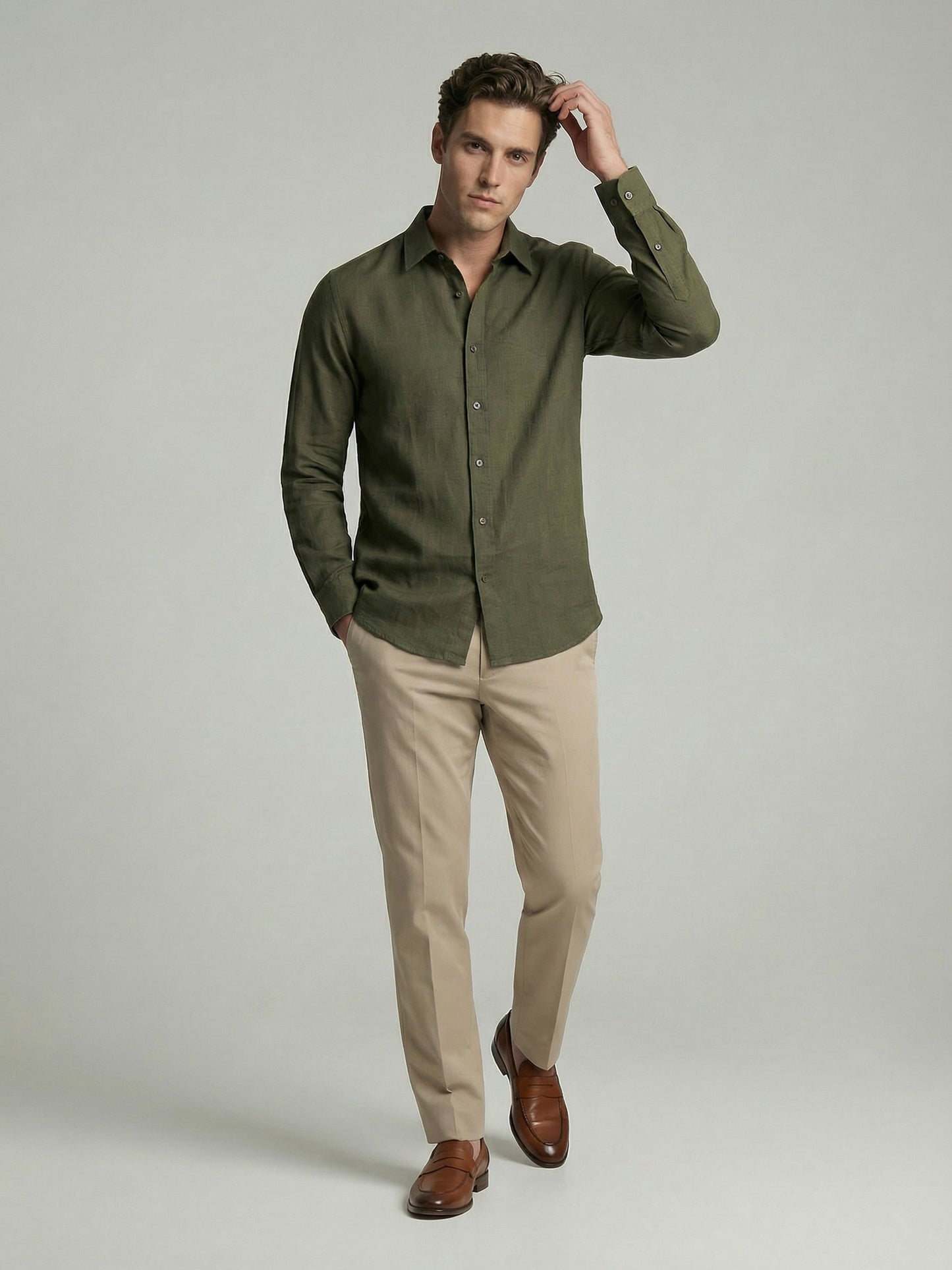 Celio* Men Olive Solid Regular Fit Cotton Shirts