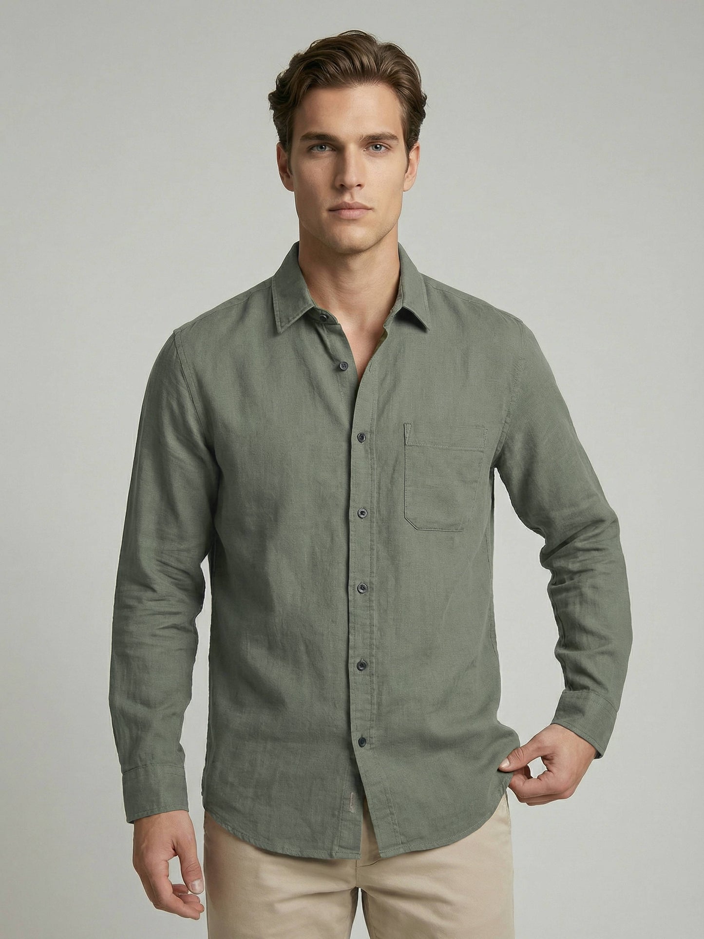 Celio* Men Olive Solid Regular Fit Cotton Shirts
