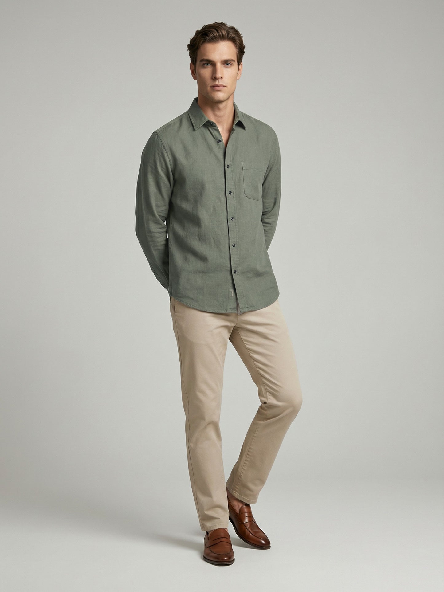 Celio* Men Olive Solid Regular Fit Cotton Shirts