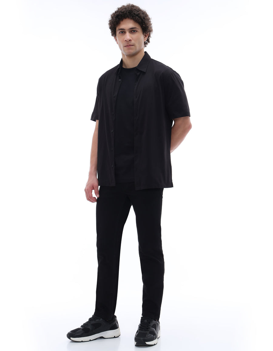 Regular Fit 100% Cotton Solid Spread Collar Shirt - Black