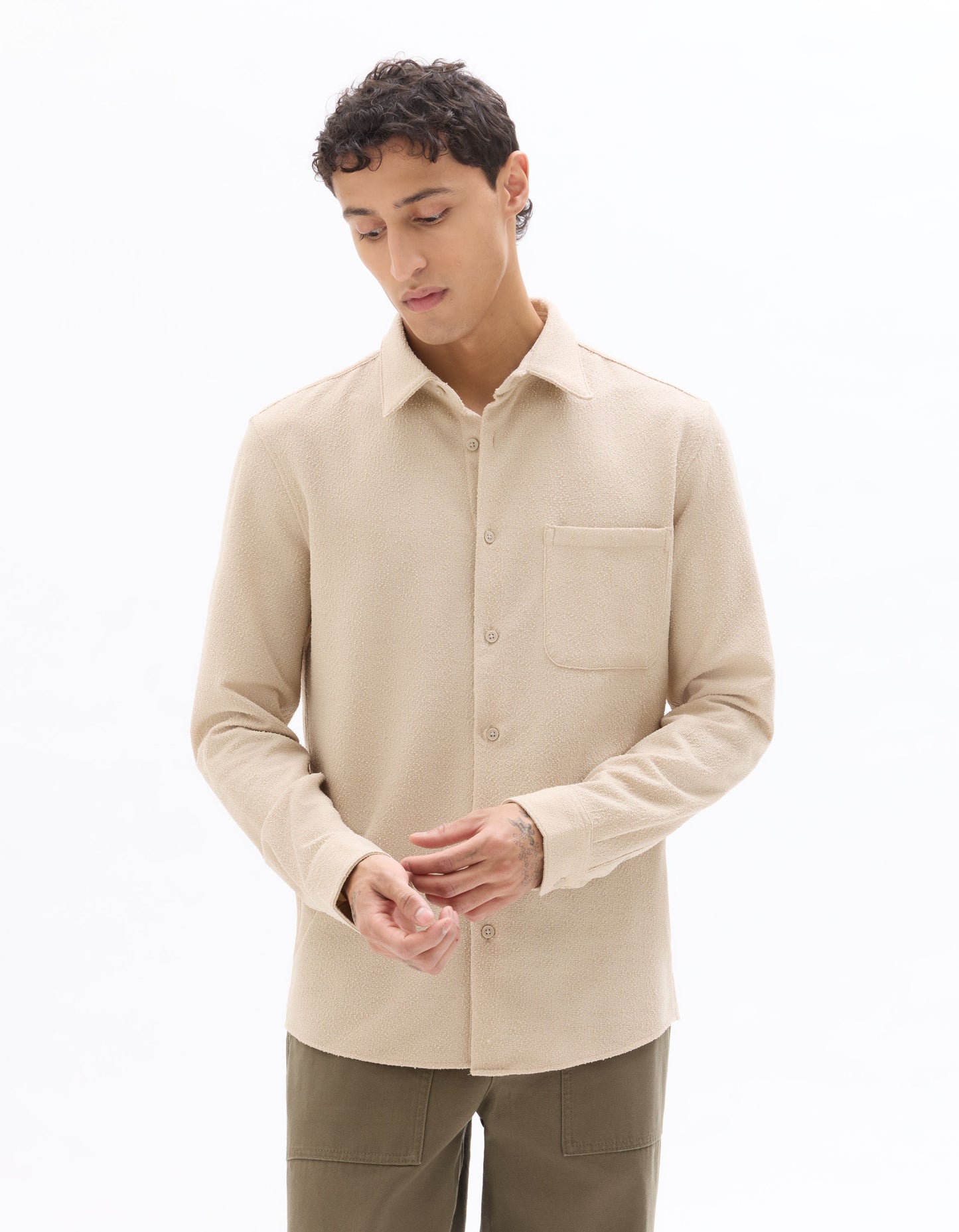 Celio Men Beige Solid Regular Fit Polyester Shirts
