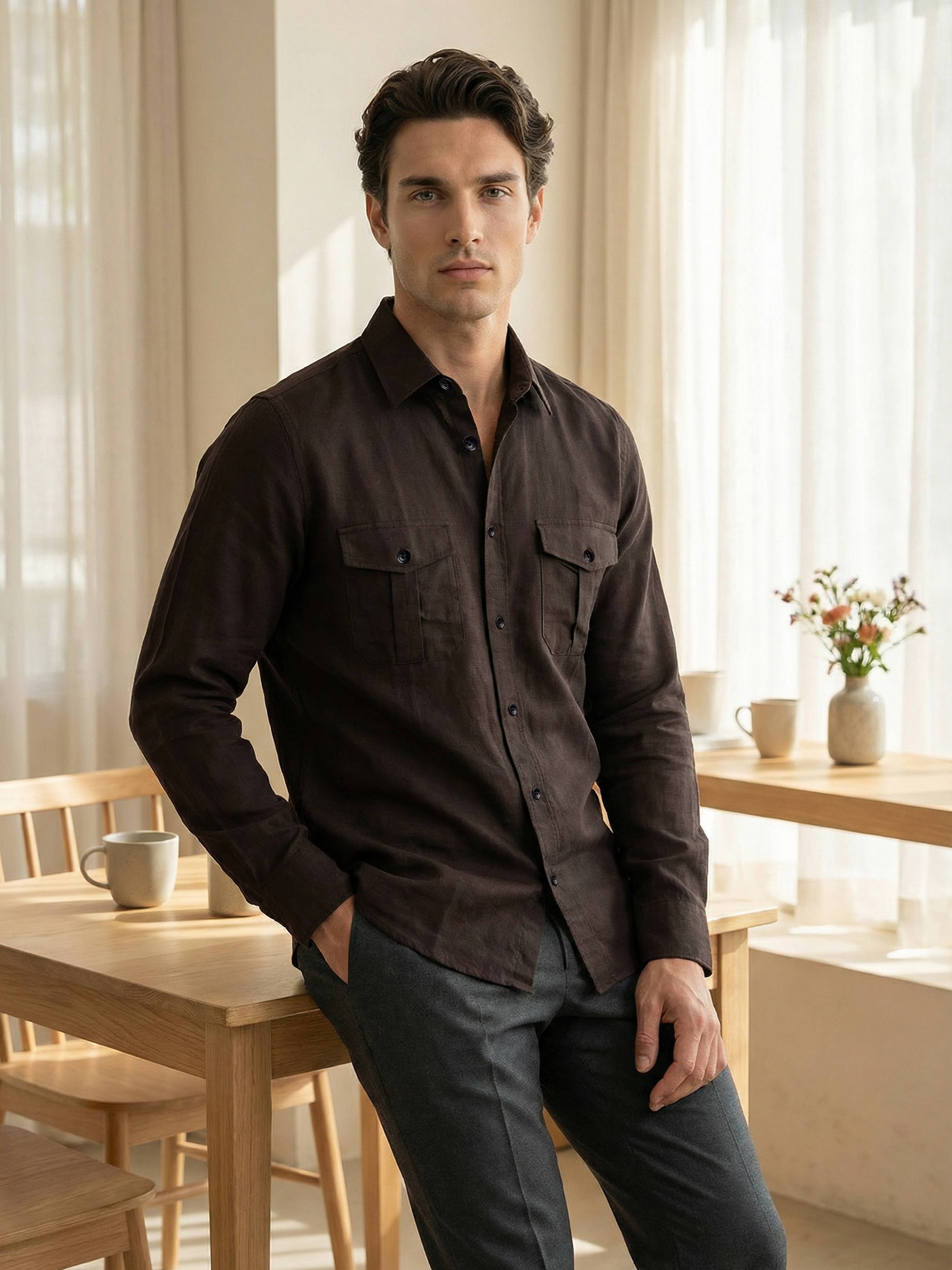 Celio* Men Brown Solid Regular Fit Linen Shirts