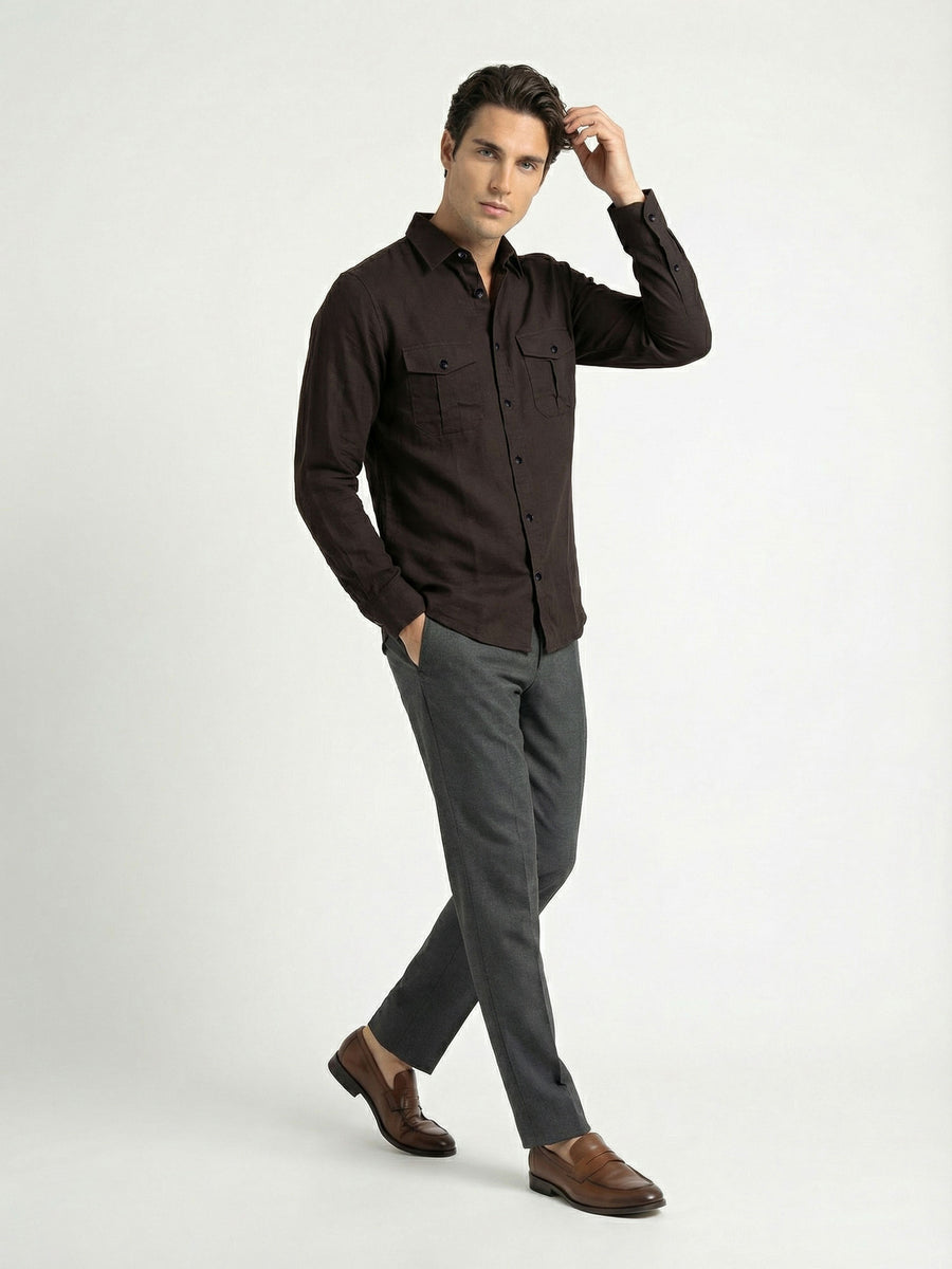 Celio* Solid Brown Men Linen Regular Fit Shirts