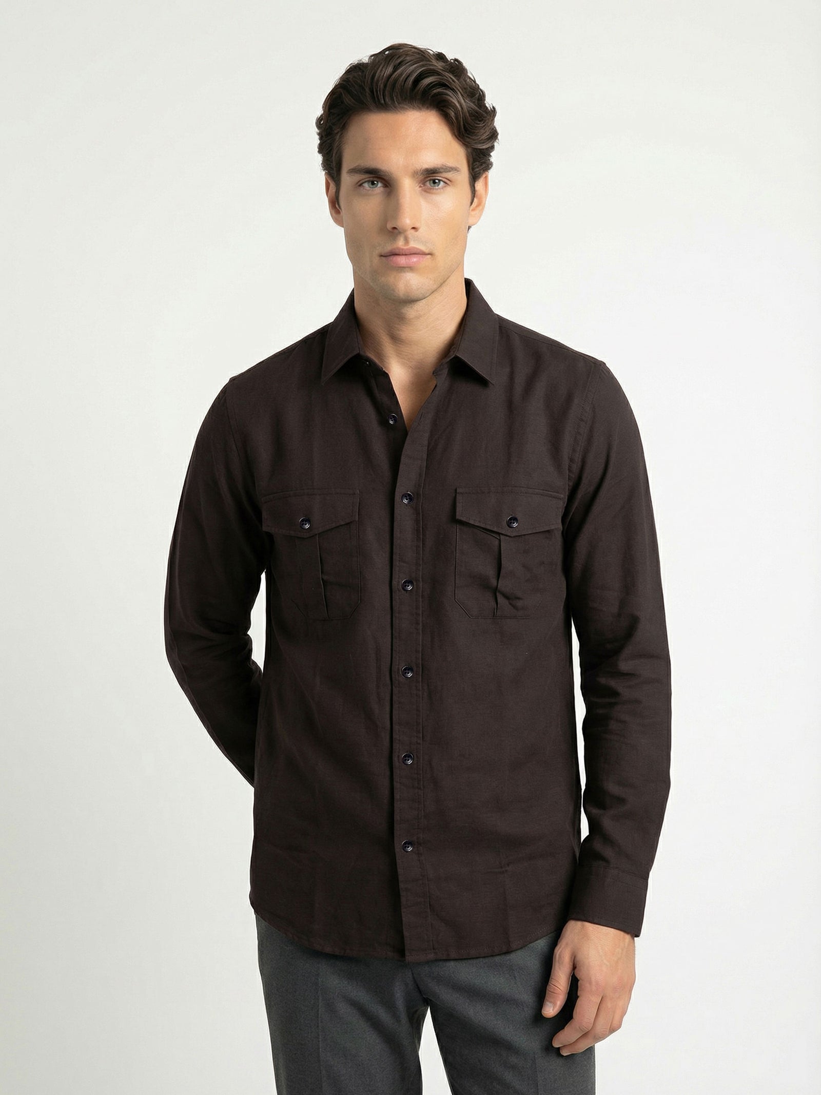 Celio* Solid Brown Men Linen Regular Fit Shirts