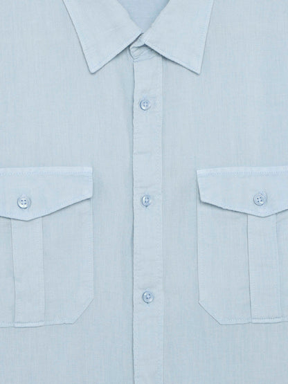 Celio Solid Regular Fit Cotton Linen Blend Blue Shirts
