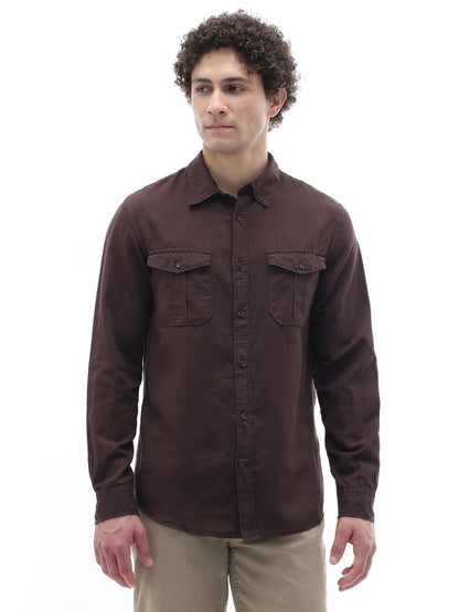 Celio Solid Regular Fit Cotton Linen Blend Brown Shirts