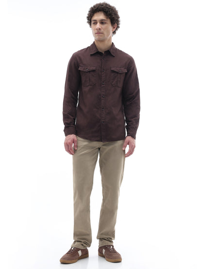 Celio Solid Regular Fit Cotton Linen Blend Brown Shirts